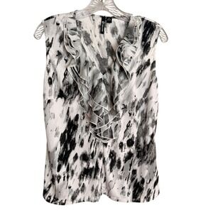 M Milano Ruffle Top Womens Medium Black White  Abstract V-Neck Blouse Career